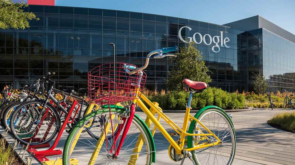 Colorful bicycles parked at Google's campus, promoting eco-friendly transportation.