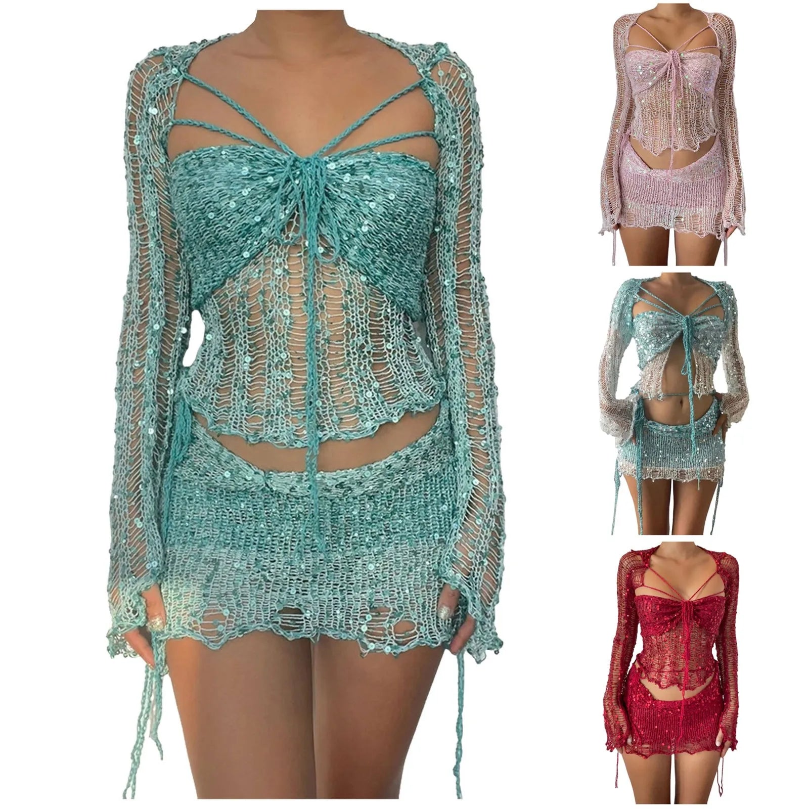 Two Piece Sexy Crochet Knitted Skirt Sets Ladies Sequins Bandage Crop Tops and Mini Skirt Elegant Hollow Out Women Outfits