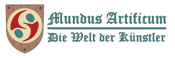 Mundus Artificum Logo. Auf der linken Seite ist ein Ritterschild mit dem AnAs Welten Logo. Auf der rechten Seite Steht: Mundus Artifikum - Die Welt der Künstler.