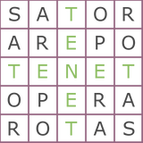 Das Bild zeigt ein Sator Quadrat. Jeder Buchstabe steht in einem Kästchen eines 5x5 Kästchen großen Quadrats. Dort Steht: Sator Arepo Tenet Opera Rotas in Großbuchstaben. Daher erkennt man schnell, dass man den lateinischen Satz auch von oben nach unten lesen kann sowie “Rotas Opera Tenet Arepo Sator” von links nach rechts und unten nach oben.