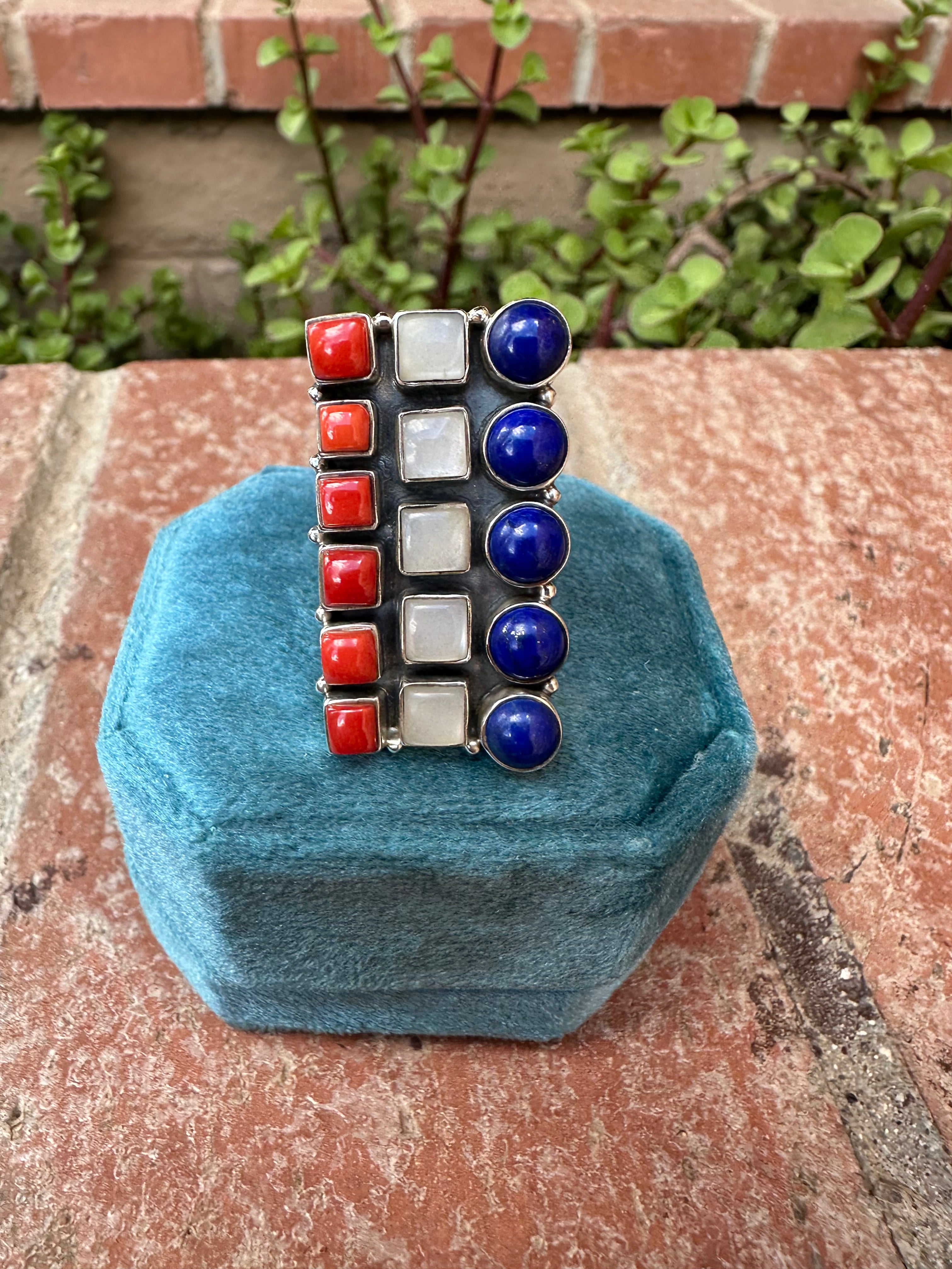4TH OF JULY COLLECTION Handmade Coral, Lapis, Mother of Pearl Adjustable Rectangular Ring