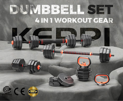 KeppiFitness Adjustable Dumbbell Set, 30/50/70/90 lb Free Weight Set with Connector Bar, 4 in 1 Workout Gear with Dumbbell, Kettlebell, Barbell, Push up Handle for Home Gym Fitness Exercise