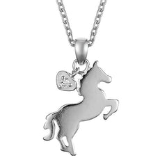 Silver horse necklace with a sapphire heart charm