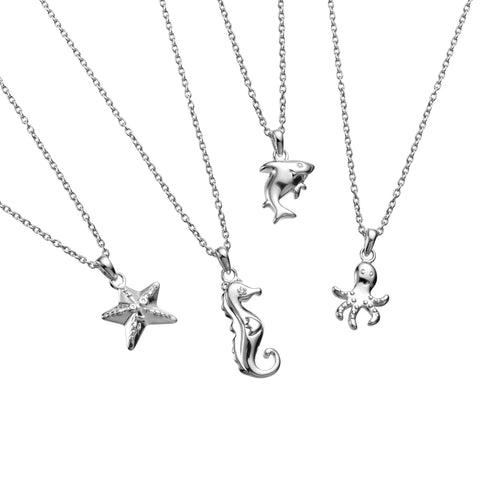 Sterling silver necklaces with Starfish, Seahorse, Octopus and Shark pendants