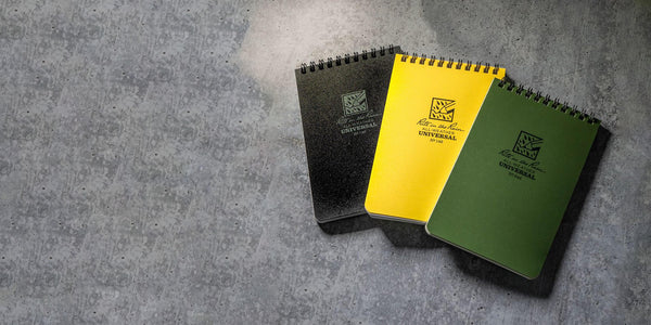 waterproof notebook in 3 different colours on a grey background