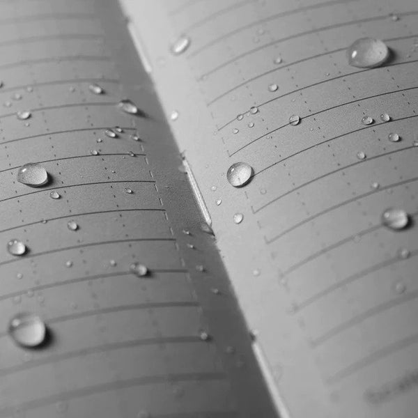 close up of water droplets on waterproof pages in waterproof notebook