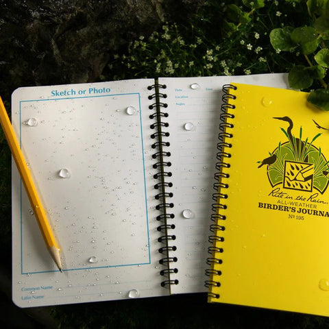 sketch/notes pages of Rite In The Rain Birder's journal with front cover on grassy background