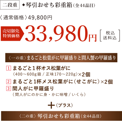 一の重　まるごと松葉がに甲羅盛りと間人蟹の甲羅盛り　琴引おせち彩重箱　（全44品目）　〈通常価格〉49,800円　早割特別価格33,980円（税込・送料込）〈一の重〉まるごと松葉がに甲羅盛りと間人蟹の甲羅盛り　 1.まるごと1杯オス松葉がに （400〜600g級/正味170〜220g）×2個  2.まるごと1杯メス松葉がに（せこがに）×2個 3.間人甲羅盛り（間人がに/かに身・かに味噌・いくら）