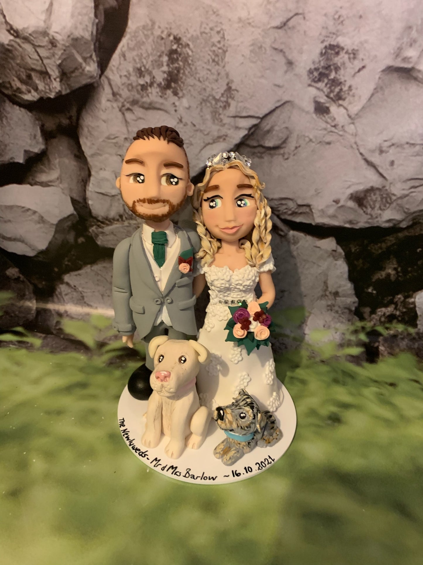 Personalised Wedding cake topper - bride and groom with their pets