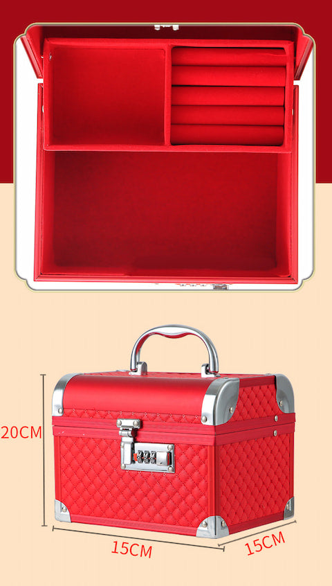 Interior and size for red retro jewelry box with combination lock.