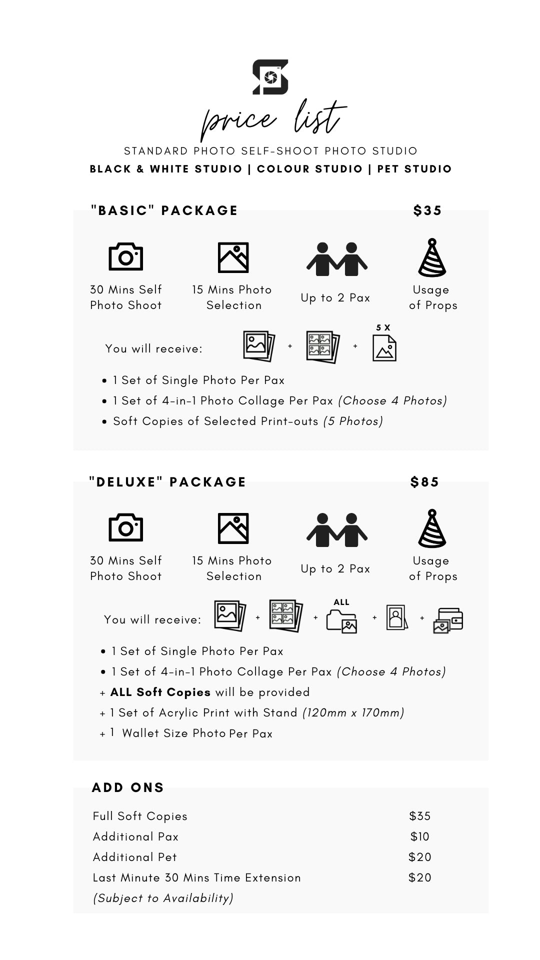 Standard Photo Studio Package Price List