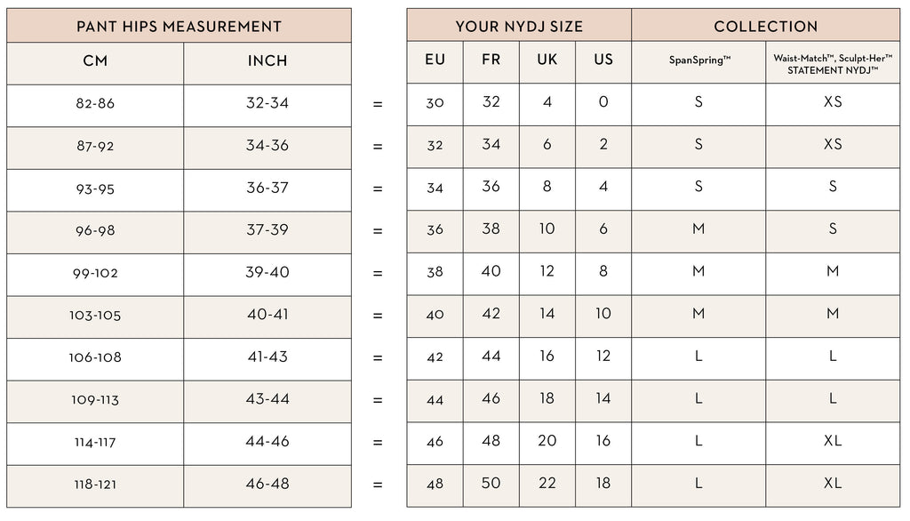 NYDJ  Fit & Sizing Chart