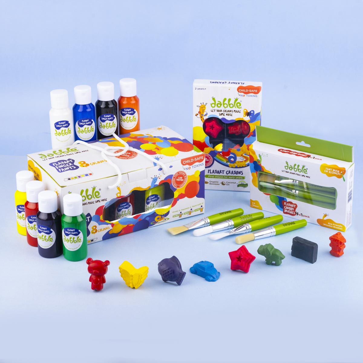 Little Artist Combo Kit | Finger Paints 8 Colours | Playart Crayons | Playart Chubby Brushes