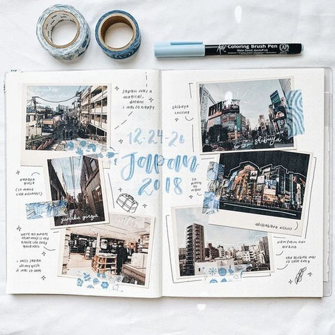 Blue travel themed scrapbook layout