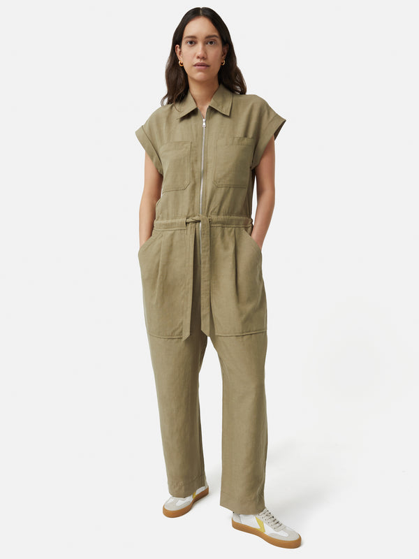Linen Zip Front Jumpsuit | Khaki – Jigsaw