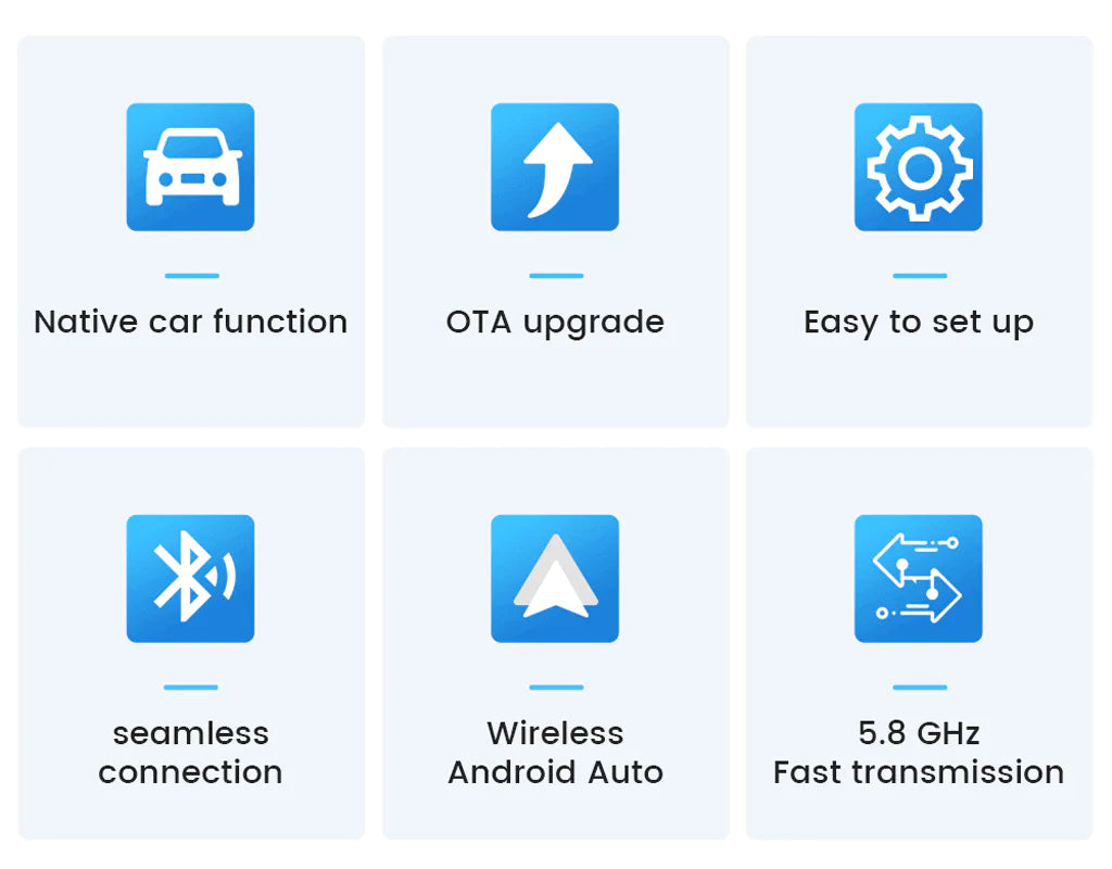 carlinkit a2a features：native car function,ota upgrade,easy to set up,seamless connection,wireless android auto,5.8ghz fast transmission