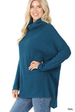 BRUSHED THERMAL WAFFLE COWL NECK HI LOW SWEATER
