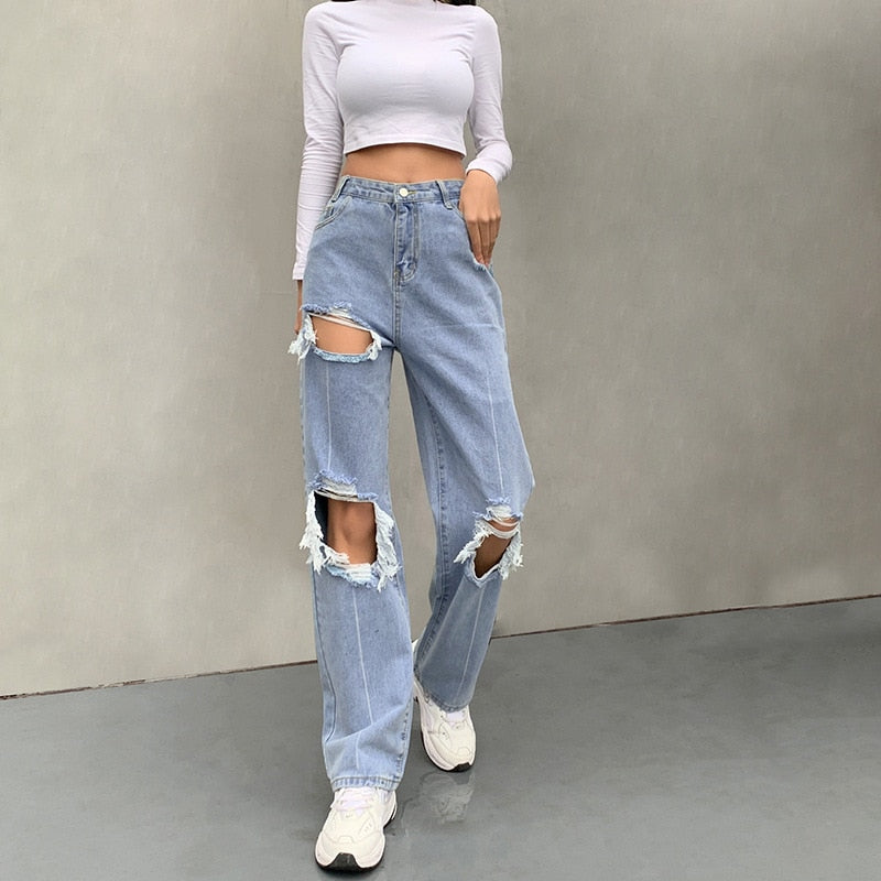 Ripped Jeans Trousers Wide Leg Pants Casual Spring And Autumn New Personality Fashion Ladies Light Cowboy Long Pants 2022