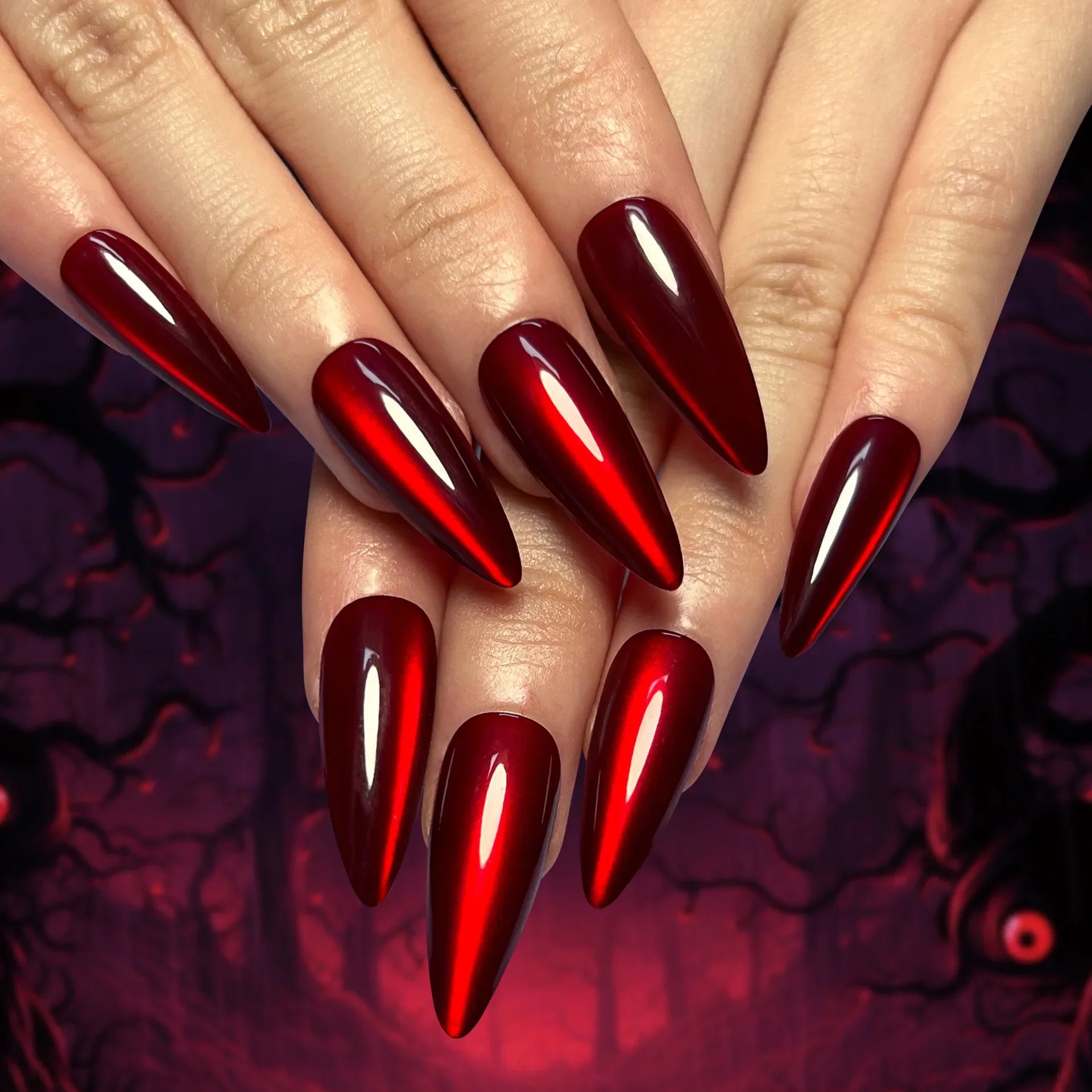Cifeeo-Halloween Nails 24pcs Long Almond False Nails Red Cat Eye French Ballerina Nails Press on Nails Halloween Fake Nails Detachable Nail Tips