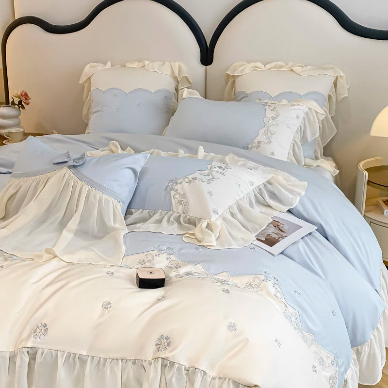 Cifeeo-Luxury Egyptian Cotton Bedding Set, Duvet Cover Set, Flower Embroidery, Lace Ruffles, Flat, Fitted Bed Sheet, Pillowcases, 100S