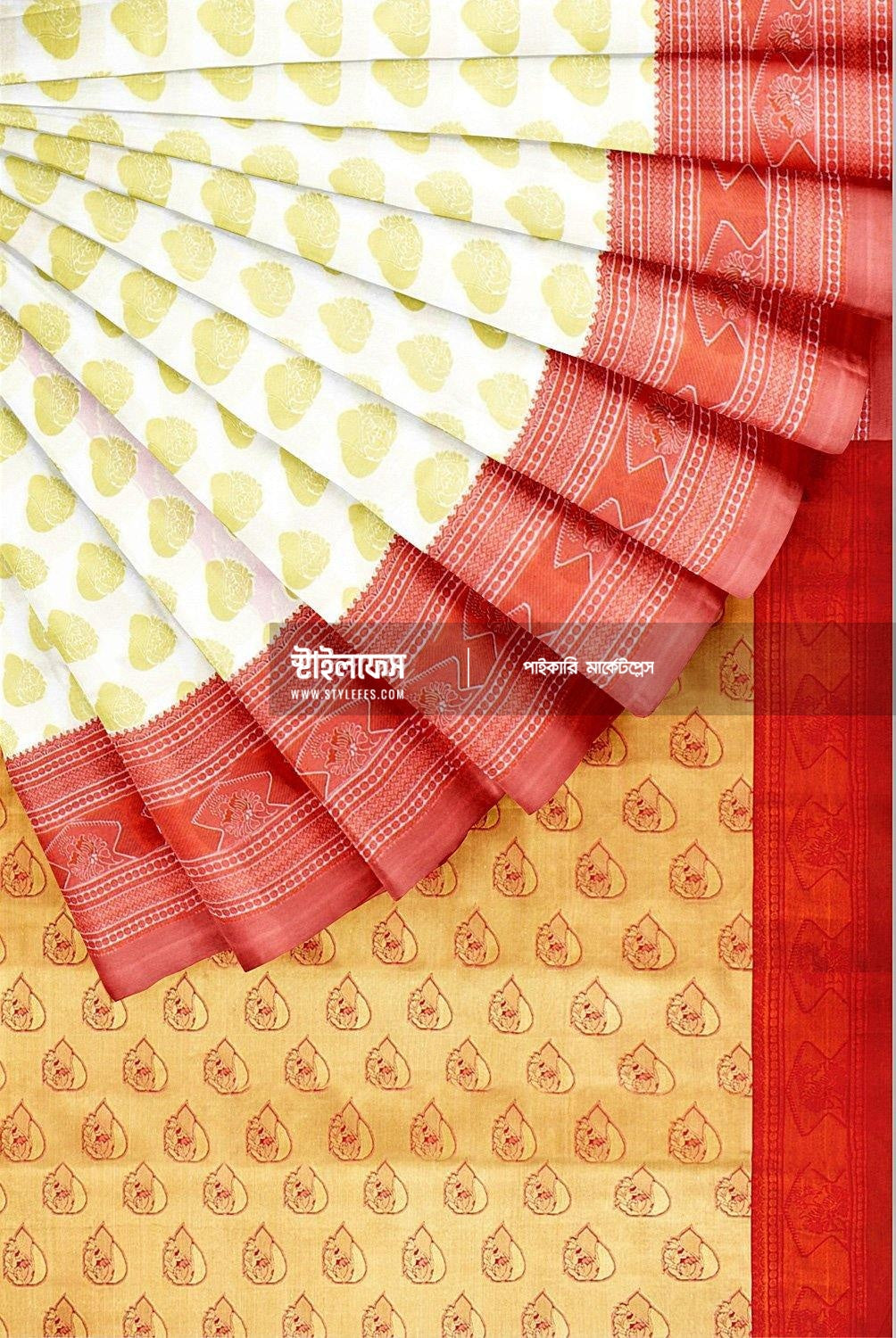 কাতান সাদা লাল পাইড় শাড়ি - Stylefes Wholesale Saree