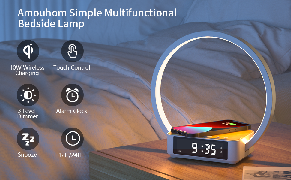 Touch Bedside Lamp With Alarm Clock And Fast Wireless Charging - Unique