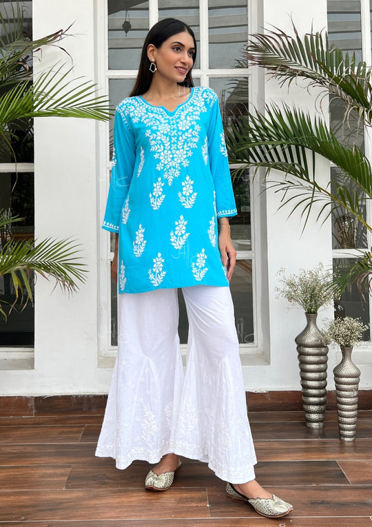 White short kurta with floral palazzos - set of two by Thread and Button |  The Secret Label