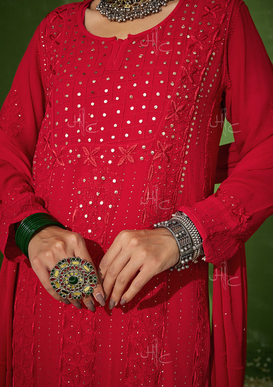 Red Designer Anarkali Suit In Georgette With Lucknowi Chikankari Embroidery  Work