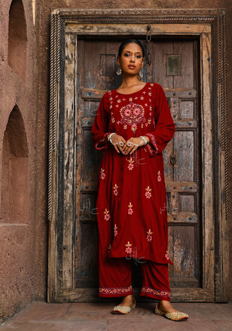 Maroon Velvet Chikankari Straight Kurta Set