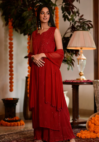 Buy Red Chinnon Chiffon Chikankari Embroidered Salwar Suit - Empress –  Empress Clothing