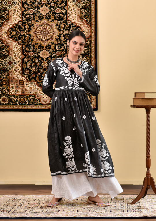 Buy Fashion Chikan Art Women's Chiffon Lucknow Chikankari Bell Sleeves Gown  with Matching Slip (Small, Black) at Amazon.in