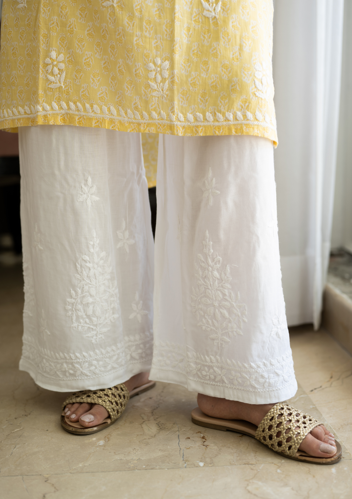 Muskaan Boutique Ladies White Chikankari Embroidered Palazzo at Rs  190/piece in Delhi