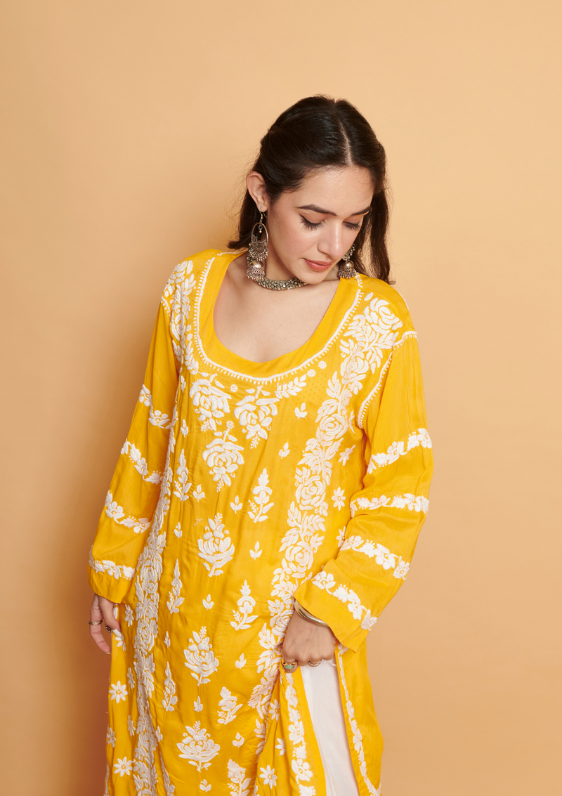wahidah kurta with Chikankari embroidery and modal cotton in yellow colour