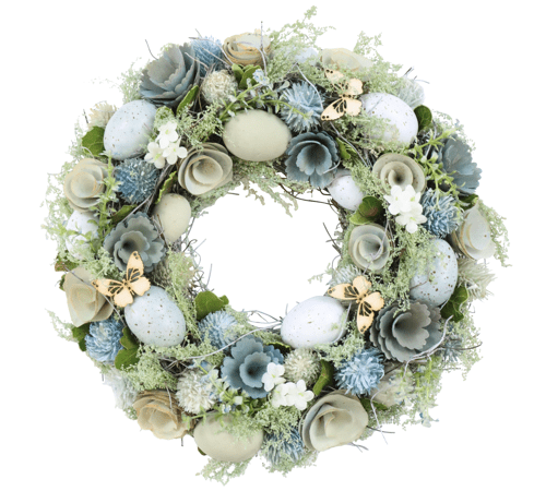 Composition wreath with Easter eggs and pastel blue/green hoff flowers