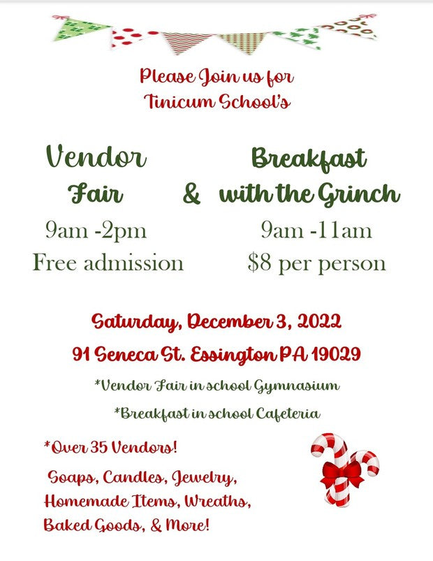 Join us at the Home & School Vendor Fair /Breakfast with the Grinch at Tinicum Elementary School Dec. 3, 2022 9:00 AM - 2:00 PM. Stop out and support the Tinicum Elementary School Home & School while getting stocking stuffers from local vendors and grabbing some dog treats, jerky and apparel from Fat Cow!