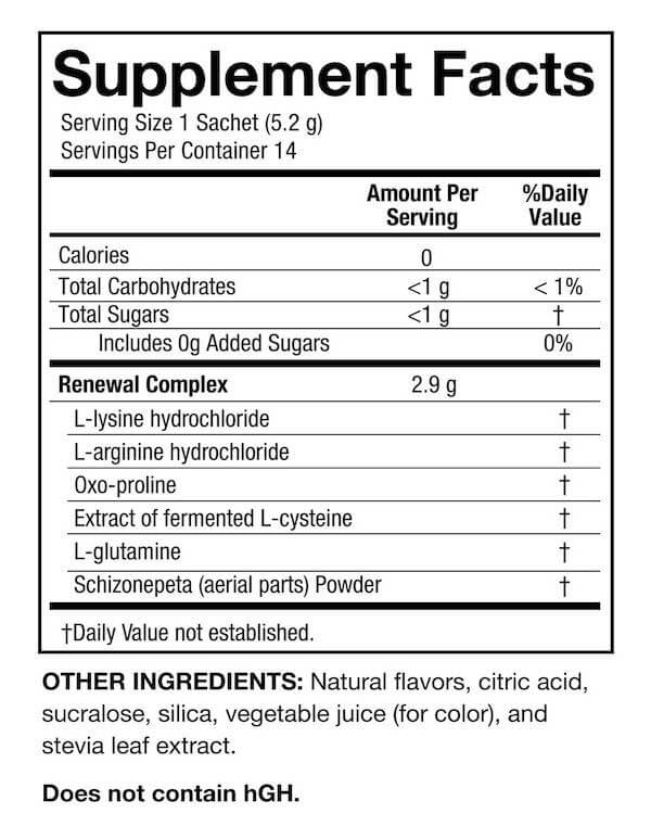 SeroVital ingredients label