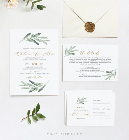 olive branch customizable digital wedding invitations on Etsy