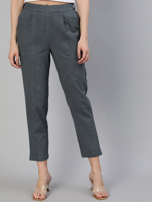 Shop Charcoal Grey Solid Cotton Lycra Pants