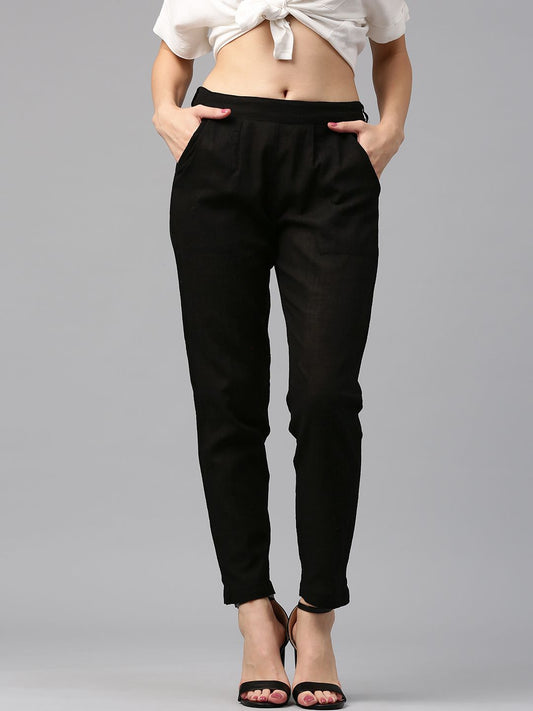 Shop Black Solid Cotton Lycra Pants For Women