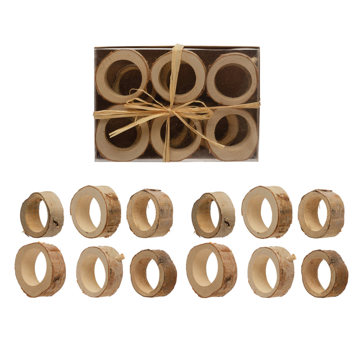 Approximately 3" Round Birch Wood Napkin Rings, Boxed Set of 12