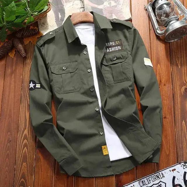 men shirts military casual shirt cotton retro slim fit