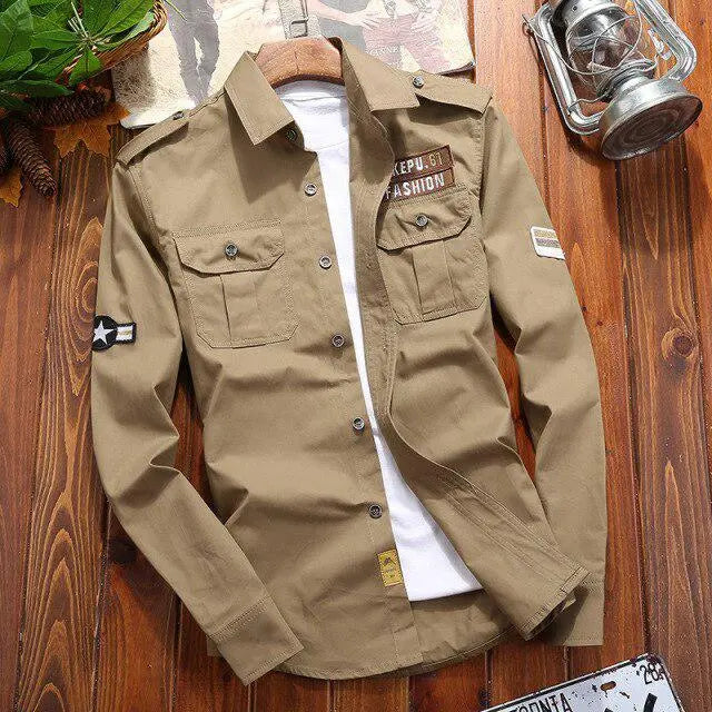 men shirts military casual shirt cotton retro slim fit