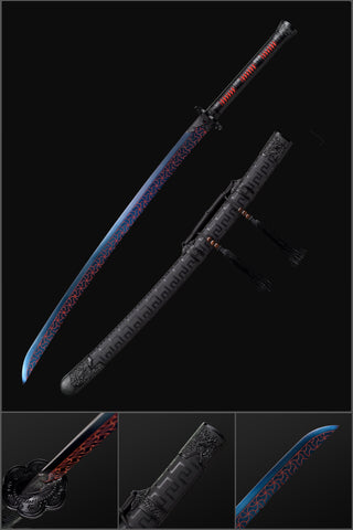 Handgemachtes abgeschrecktes blaues gebranntes Blumenklingen-Katana-Schwert aus Federstahl-Samurai-Schwert mit vollem Tang