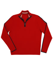 Load image into Gallery viewer, Delaine Men&#39;s Quarter Zip classic alpine wool ski sweater in Downhill Red compares to Demetre
