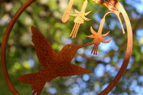 Hummingbirds Triple Ring Mobile - Rusty Birds - Decorative Metal Birds