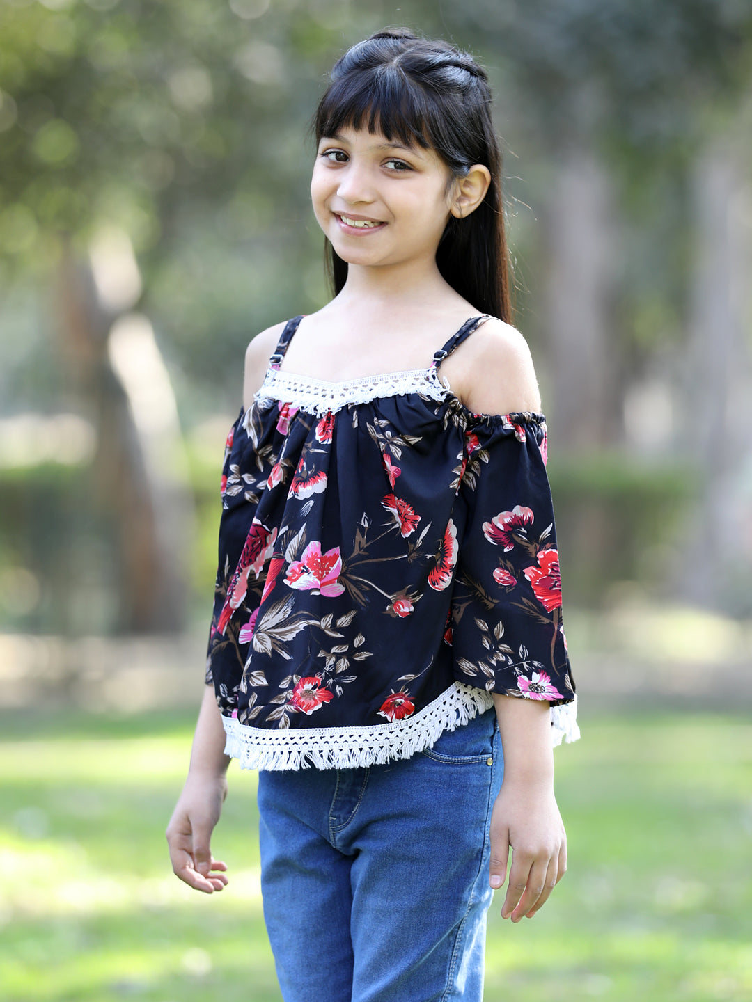 Cutiekins Floral Print Top For Girls - Black & White