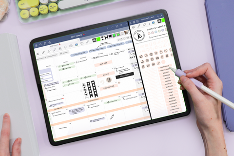 image of iPad in split-screen mode for digital planner and digital stickers