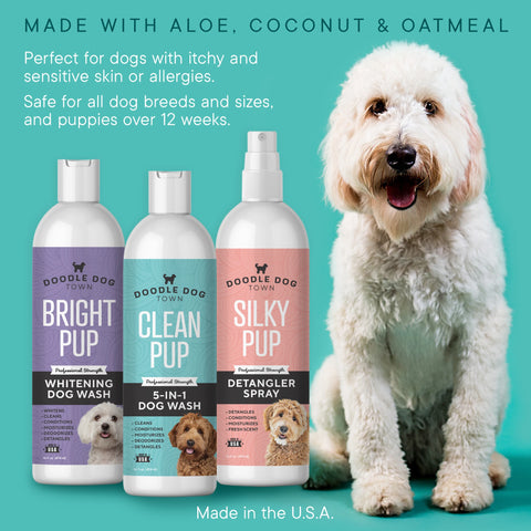 Made with aloe, coconut & oatmeal. Perfect for dogs with itchy and sensitive skin or allergies. Safe for all dog breeds and sizes, and puppies over 12 weeks. Made in USA. Bottles on teal background next to white doodle dog.