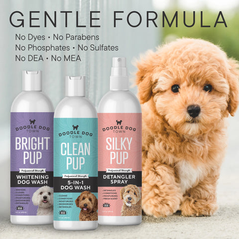 Gentle Formula, No dyes, No parabens, No phosphates, No sulfates, No DEA, No MEA, bottles next to little doodle puppy