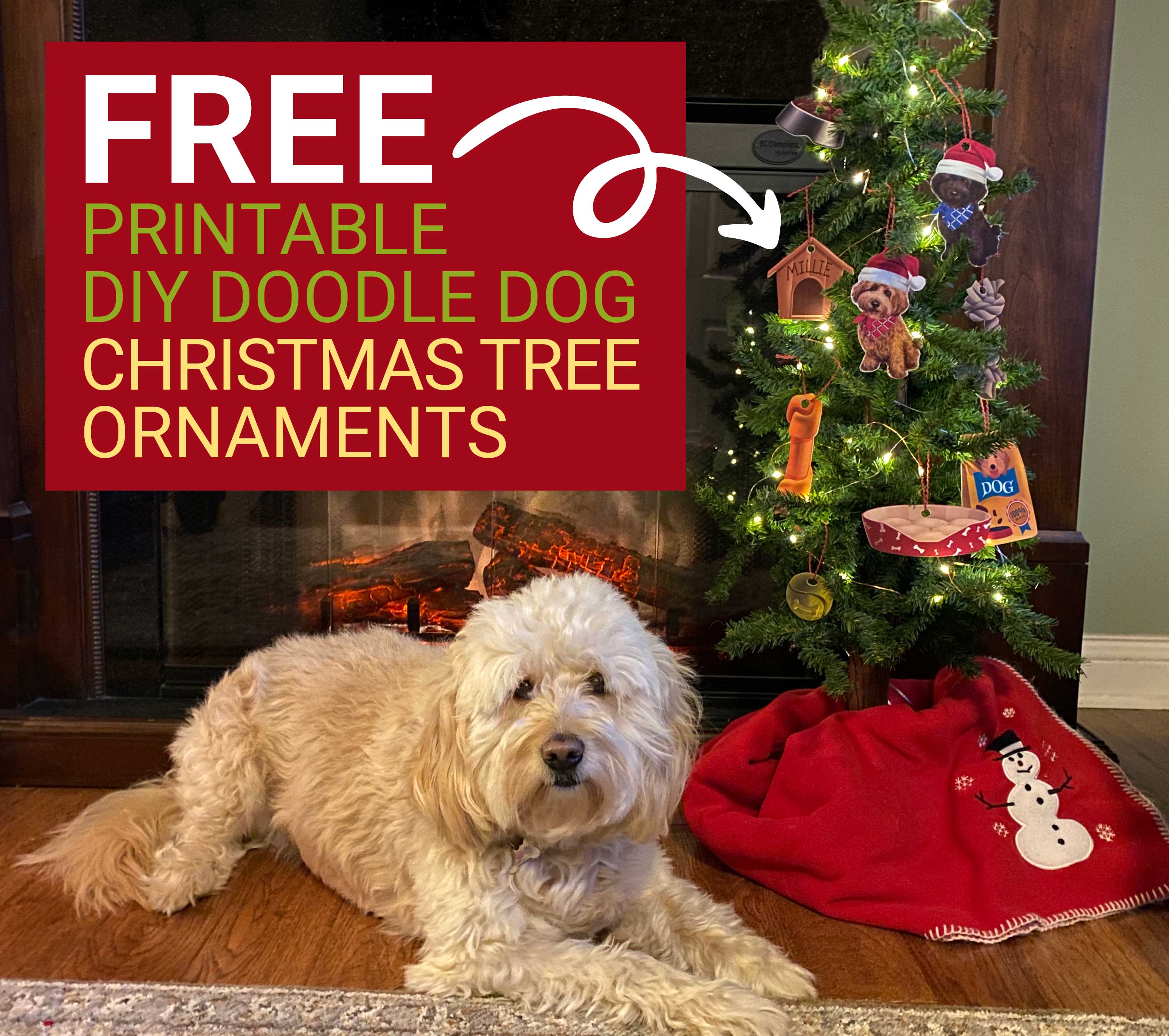 Mini Goldendoodle lying in front of fireplace next to small Christmas tree with DIY ornaments